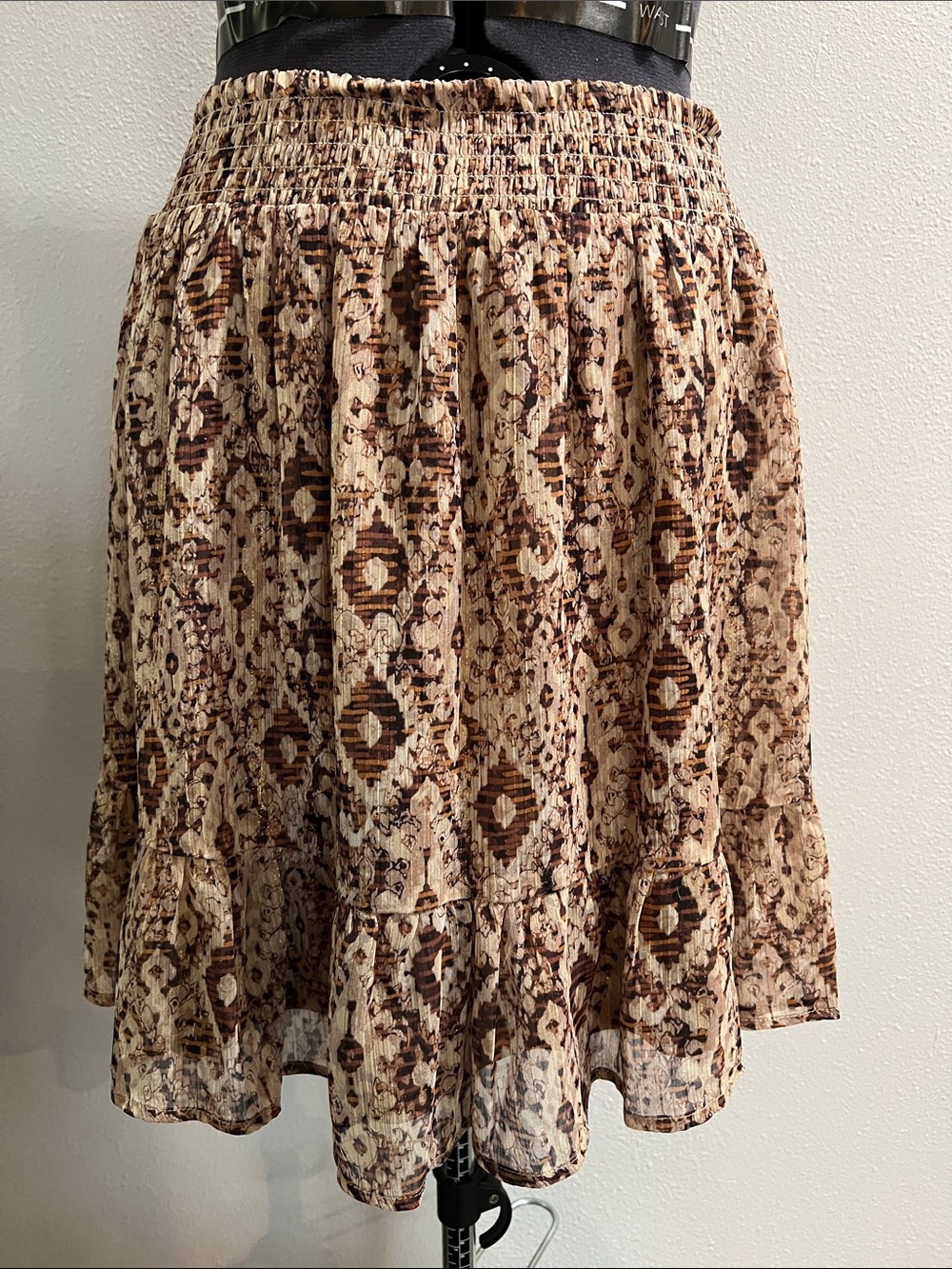 Nine Britton Taupe & Brown Printed Smocked Waist Skirt with Bottom Ruffle